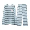 Pijama de Algodón Puro para Pareja Nuevo Estilo Otoño Cuello Redondo Primavera y Otoño Manga Larga Rayas Jersey Conjunto de Ropa para el Hogar con Pantalones Largos