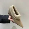 Sapatos slip-on cinza com pelo para aumentar a altura e bico fino para mulheres 2026 Outono/Inverno nicho de salto alto de pelúcia quentes de algodão