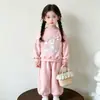 Ropa Dulce de Primavera para Niñas Conjunto de Sudadera con Dibujos y Pantalones Conjunto de Dos Piezas Elegante de Manga Corta para Niñas con Lazos Infantil
