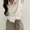 Camisa Versátil de Estilo Coreano con Rayas y Cordón, de un Solo Botón, Manga Corta, Informal, Fresca, con Solapa