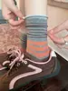 Calcetines de media pantorrilla para mujer, calcetines de verano finos a rayas con bloques de color y volantes, calcetines de algodón puro con borde enrollado, de ajuste holgado, para el posparto, calcetines largos