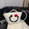 Bolsa de Rosto Sorridente Fofa Tecida à Mão para Mulheres 2026 Nova Bolsa Saco de Grande Capacidade para o Dia a Dia Bolsa de Palha para Férias na Praia