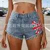Chica picante Estampado Union Jack Borde deshilachado Estilo europeo y americano Primavera/Verano Nuevo 2026 Pantalones cortos de mezclilla de cintura alta para mujer Pantalones cortos de mezclilla