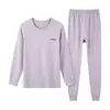 Conjunto de duas peças liso para casa com gola redonda para outono e inverno para meninos e meninas mais velhos 2026, roupa íntima térmica juvenil de algodão Lycra