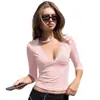 Roupas femininas transfronteiriças 2026 outono nova moda cor sólida manga três quartos gola V renda sexy com acabamento slim fit camiseta top