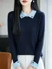 Suéter de Muñeco de Lana Fina para Mujer Nuevo de Otoño e Invierno Bloque de Color Diseño de Solapa Conjunto de Punto Holgado Adelgazante Temperamento