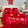 Conjunto de quatro peças para casamento, 100% algodão, vermelho vivo, para camas de noivos, incluindo lençóis e fronhas de edredom, alta qualidade, algodão puro, perfeito para o quarto de recém-casados