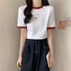 Camiseta de Algodón 6535 Estilo Americano con Costuras de Color en Contraste de Manga Corta para Mujer Verano Estilo Coreano Holgada de Media Manga Top Estilo Universitario para Estudiantes