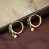 Pendientes de plata de ley S925 bañados en oro con jaspe Hotan, calabaza y perla. Exquisitos pendientes de filigrana Fu Lu Shou para mujer.