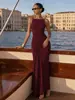 Vestido Longo de Festa Elegante Personalizado 2026 Estilo Novo Europeu e Americano Decote Redondo Sem Mangas Costas Abertas Slim Plissado