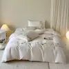 Juego de Cuatro Piezas Bordado de Algodón de Fibra Larga Color Crema Estilo Francés, Sábana y Funda de Edredón de Algodón Puro Cálidas y Amigables con la Piel, Ropa de Cama Suave Ultra para Todas las Estaciones