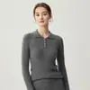 Fivela de Metal Suéter 100% Caxemira Pura Feminino Outono Inverno Gola Polo Canelado Cor Sólida Slim Fit Malha Camada Base