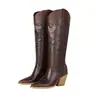 Botas femininas de cano alto com bico fino para outono e inverno, botas de couro de salto alto de cor sólida, sem cadarço, para comércio exterior, tamanho grande, botas Martin femininas confortáveis e versáteis