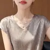 Camiseta de satén imitación seda estilo francés con cuello en V para mujer, con un elegante diseño de cordón, top entallador, fina y transpirable de manga corta para verano