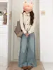 Jeans anchos de mezclilla azul claro, relajados y casuales para mujer, lavados de otoño, sueltos, adelgazantes, de cintura alta, rectos, de largo hasta el suelo.