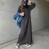 Vestido moletom simples Lotte Fashion estilo japonês e coreano para mulheres, solto e que cobre a pele, manga comprida casual, estilo despojado, comprimento até o joelho.