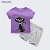Conjunto de Ropa de Verano para Bebé Niña Gato de Dibujos Animados Camiseta + Pantalones Cortos Grises Claros con Estrellas Conjunto Casual de Manga Corta