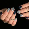 Uñas postizas de estilo chino con degradado azul smog y mármol, color de contraste azul marino, tinta, piedra de jade, pegatinas de uñas postizas frías y de alta calidad