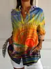 2024 Nuevo Otoño Transfronterizo Patrón Estampado Colorblock 3D Camisa Casual Holgada para Mujer Europea y Americana Top con Botones