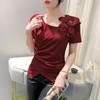 2024 Verano Nueva Moda Camiseta Irregular Diseño para Mujer Top Occidental Ajustado Manga Corta Camiseta Trendy
