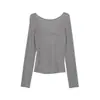 Camiseta Negra de Cuello Redondo Wanwei para Mujer 2026 Otoño Nueva Llegada Espalda Abierta Grande Doble Tirante Ajustado Manga Larga Top Y7009