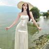 Vestido Tubinho Deslumbrante Estilo Francês com Lantejoulas em Blocos para Mulheres Verão Beira-Mar Cintura Emagrecedora Longa Saia de Alta Qualidade