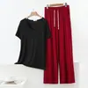 Pijama Plus Size para Mulheres, Conjunto de Duas Peças para Casa/Roupa de Dormir, Primavera/Verão Modal Gola V Manga Curta com Bolsos Conjunto de Calça Pantalona