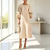 Vestido de Mujer de Longitud Media con Cuello Redondo, Botones, Color Sólido, Patchwork, Mangas de Linterna con Forma de Pétalo, Nuevo para Primavera y Otoño 2026, Transfronterizo Europeo y Americano