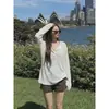 [Tela Jacquard Original] Camiseta Blanca de Manga Larga para Mujer, Estilo Coreano, Cuello Medio Abierto, Protector Solar, Top Holgado de Verano