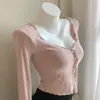Suave top tipo camiseta ajustado estilo retro para chica hot con bordes fruncidos, chaqueta cárdigan de punto V-neck adelgazante