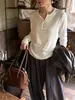 Camiseta de manga larga a rayas estilo coreano con cuello Henry para mujer, fina, holgada, casual, de nicho, primavera, cuello en V