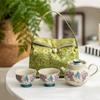 Juego de té de viaje de ceniza de planta pintado a mano con flor de glicina, una tetera y dos tazas, juego de taza de té de cerámica portátil para exteriores