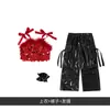 Conjunto de Jazz para Niñas, Top Rojo Brillante de Lentejuelas Hip-Hop para Niña con Pantalones de Cuero Negros, Disfraz de Baile Callejero para Niños