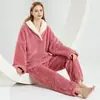 Conjunto de Pijama para Mujer Transfronterizo, Cardigán Largo Grueso de Coral Fleece Espeso para Invierno, Ropa de Casa de Franela que se Puede Usar Afuera