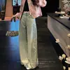 Jeans anchos de moda bordados con flores para mujer, de cintura alta, pantalones largos fluidos con detalles de bordado lateral