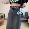 Falda Vaquera Retro Azul de Longitud Media para Mujer Verano Nuevo Cintura Alta Efecto Adelgazante Falda de Línea A Cadera Falda de Un Paso con Abertura