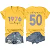 1976 Vintage Capítulo50 Amazon Ebay Sitio Independiente Moda Versátil Camiseta de Manga Corta con Cuello en V para Mujer