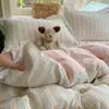 Juego de ropa de cama de cuatro piezas de algodón lavado con encaje color crema estilo japonés para niñas, funda de edredón estilo coreano, sábana bajera y funda de edredón, juego de tres piezas para dormitorio