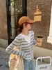 Cárdigan de Punto Bloque de Color Rayas Cuello en V Falso Dos Piezas para Mujer, Estilo Coreano Otoño, Top de Diseño Corto para Figuras Pequeñas