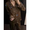 Moda Tendência Primavera e Outono Nova Cor Coração de Menina Bloco de Cores Estrela Bordada Estampa de Leopardo Hello Kitty Seda de Gelo Manga Longa Roupa de Dormir Feminina
