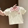Camiseta de Manga Corta para Niñas con Bordado Creativo de Oso de Verano, Top Corto Lindo de Algodón Puro con Ceñido a la Cintura para Niños en Verano