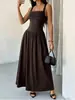 Vestido largo de tirantes, cuello cuadrado plisado, estilo europeo y americano, de cintura alta, fruncido, con bajo amplio, fluido, entallado, elegante