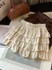 Saia retalhada com acabamento de renda aveludada para mulheres, novo estilo outono, mini saia de camadas tipo bolo, cintura alta elástica, corte A, para baixinhas