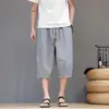 Pantalones cortos deportivos finos de seda de hielo de verano para hombre, secado rápido, estilo chino nuevo, a rayas finas, holgados, de largo 7/8