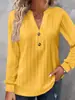 2025 Roupas Femininas de Outono e Inverno Transfronteiriças Europeias e Americanas Marca Independente Nova Camiseta Top de Manga Longa Cor Sólida Gola V com Botões