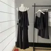 Set de Lujo Simple de Acetato Etiqueta Negra: Conjunto de Camisola Adelgazante de Corte A con Efecto Drapeado y Pantalones Estrechos Acampanados