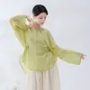 Nueva camisa de estilo chino con cuello redondo, cordón y manga larga para mujer, ropa de práctica de danza clásica estilo nacional, top de baile entallado a la cintura