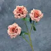 Rosa sweetheart artificial de 3 cabeças para decoração de casamento, decoração de casa, arranjo floral, rosa serigrafado, ornamentos de flores artificiais transfronteiriços, atacado