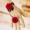 Joia de Mão Gótica Punk Vintage Moda Flor de Renda Vinho Tinto Pulseira Anel de Rosa Vermelha Pulseira de Pulso Peça Única