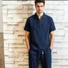 Comercio exterior transfronterizo verano nuevo ropa de hombre traje de lino de algodón, estilo chino retro camiseta de manga corta y pantalones cortos conjunto de dos piezas